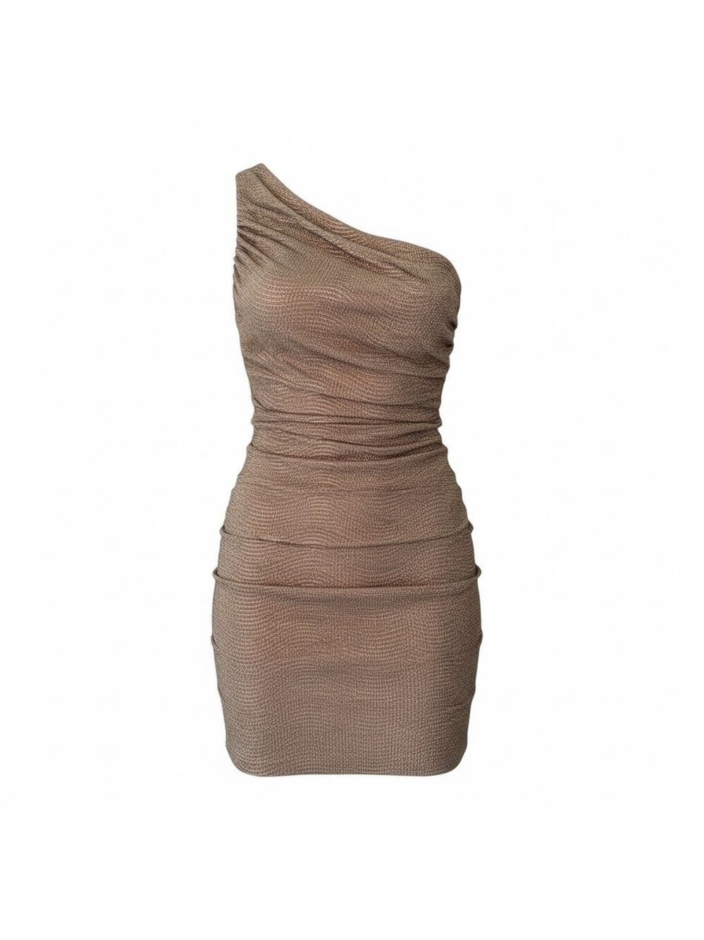 Lauren Ralph Lauren Metallic Bronze One Shoulder Dress Size 12 Ruched Cocktail - Picture 2 of 8